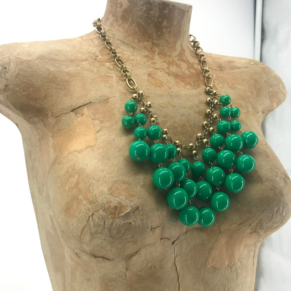 Stella & Dot Beaded Bib Statement Necklace Green Gold Princess Length Chain Link - Picture 4 of 12